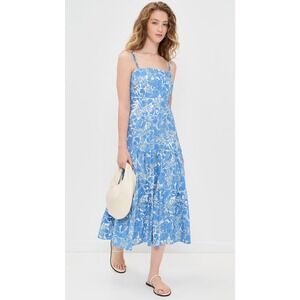 o.p.t Dagney Cotton Midi Dress Size 10 Blue Lapis Floral Tiered Beachy Resort